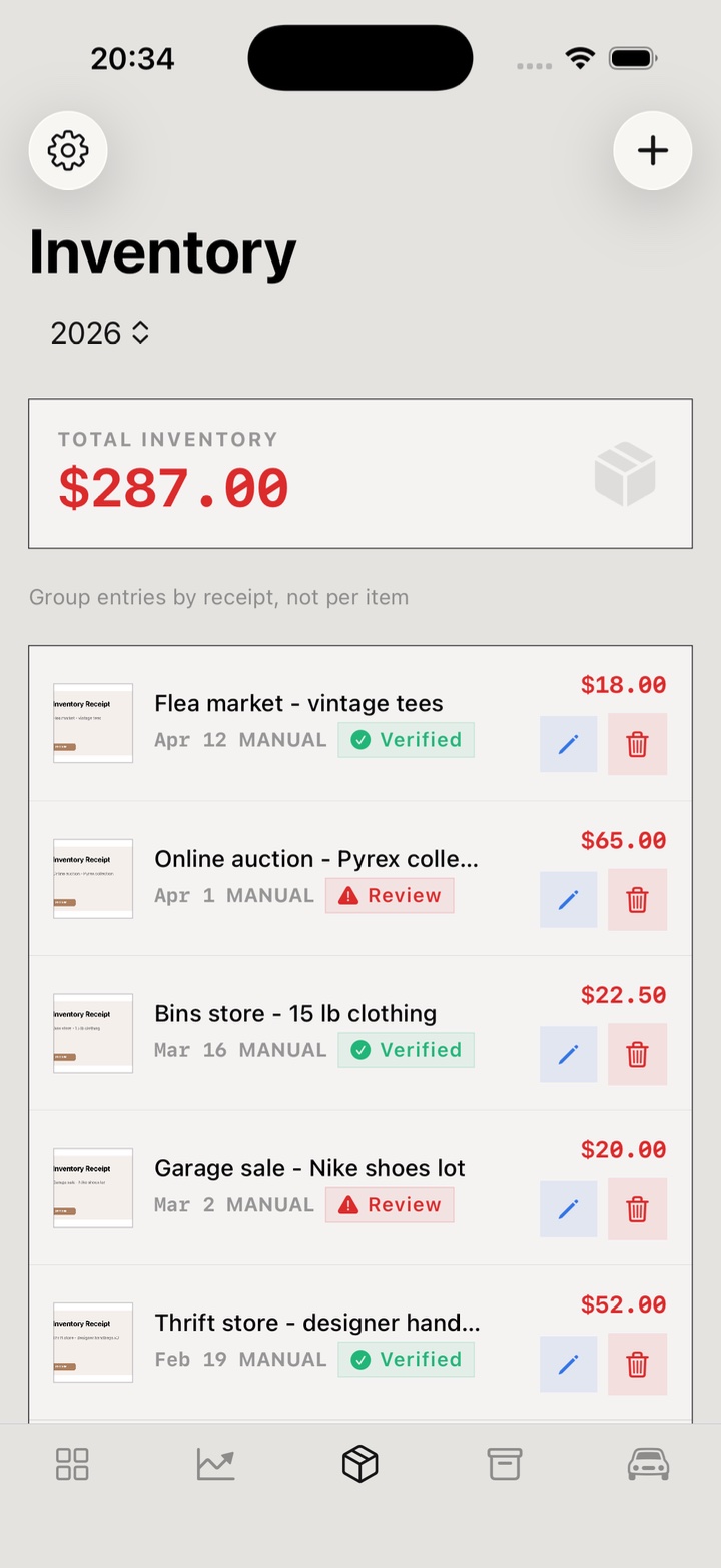 Inventory list with grouped receipts and verification badges.