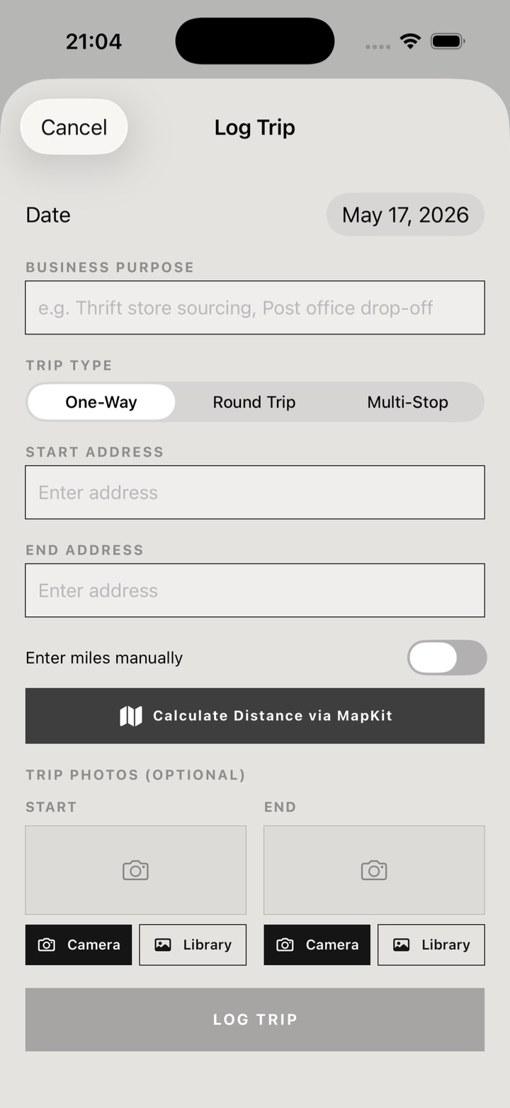 Log Trip form with date, business purpose, trip type, addresses, and odometer photo slots.