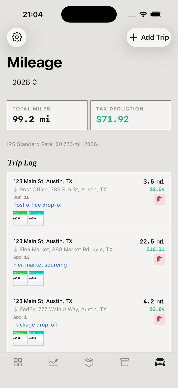 Mileage screen with total miles, IRS tax deduction, and trip log entries.