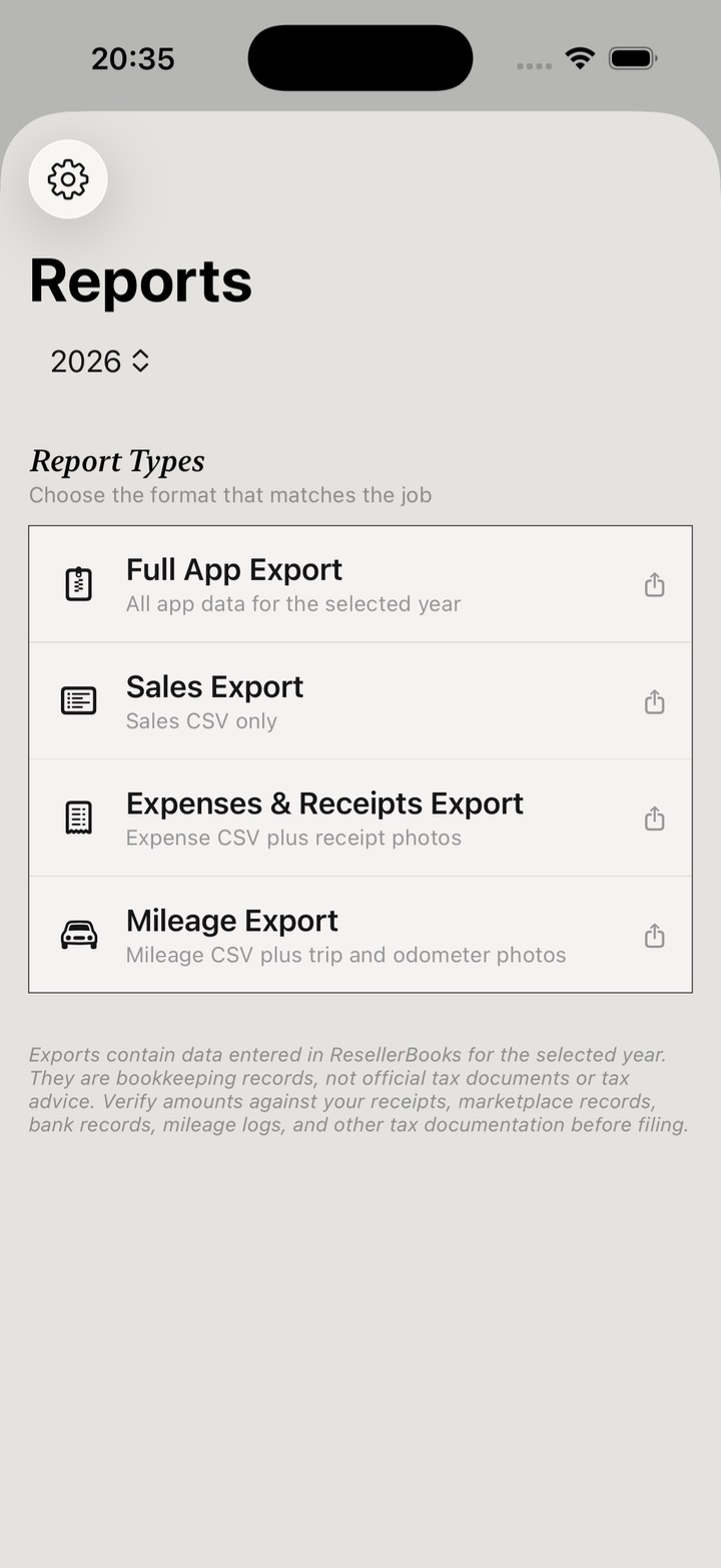 Reports screen with full app, sales, expenses, and mileage export options.