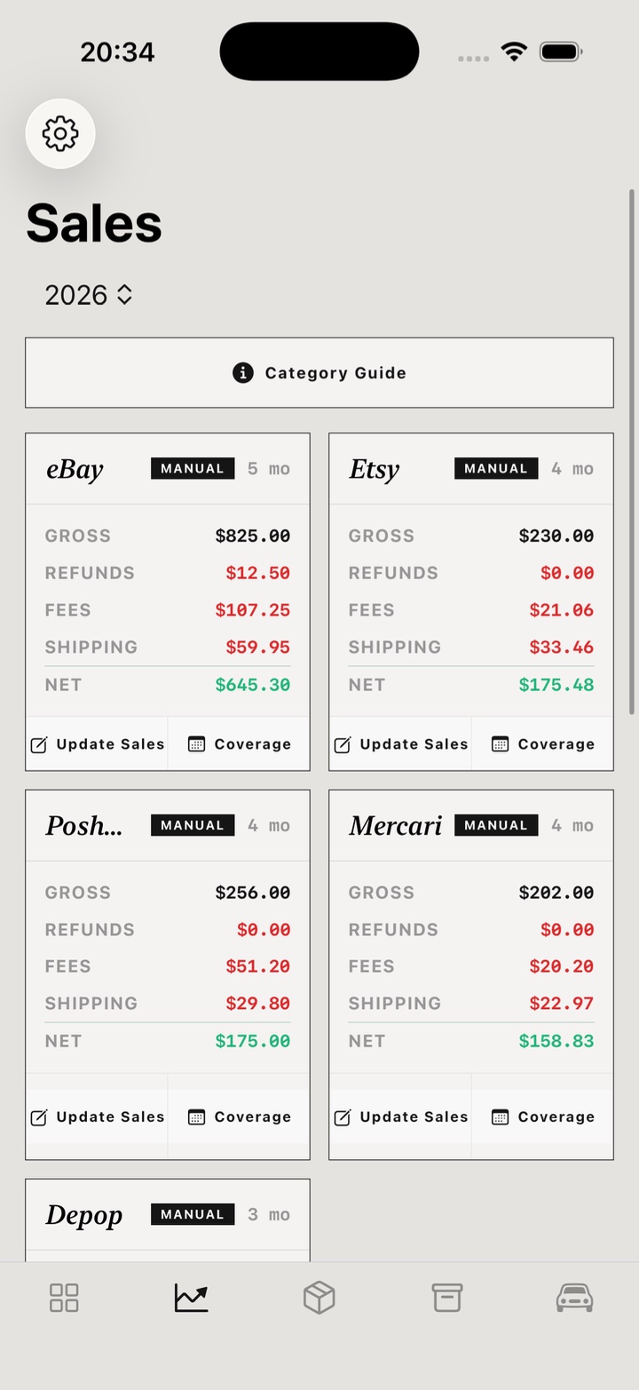 Sales screen with per-marketplace cards for eBay, Etsy, Poshmark, Mercari, and Depop.